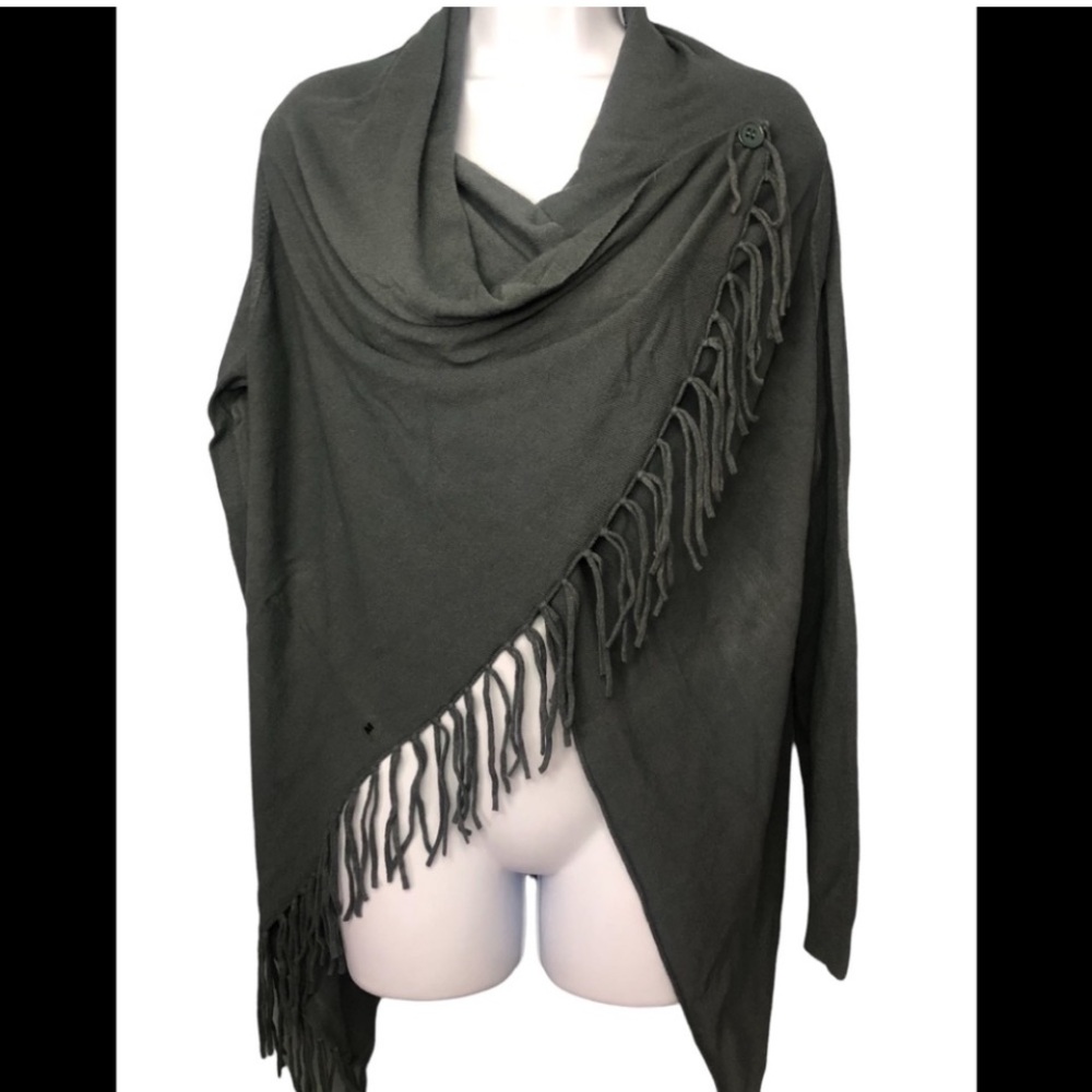 Lovestitch Black Fringe Wrap Cardigan | Open Front Boho Knit Shawl. Size Small